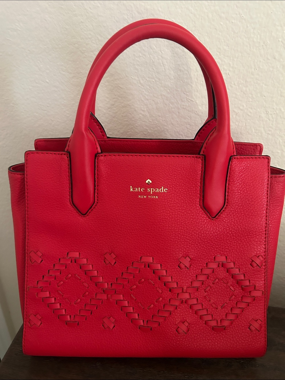 kate spade Red Leather Satchel with Woven Diamond Detail